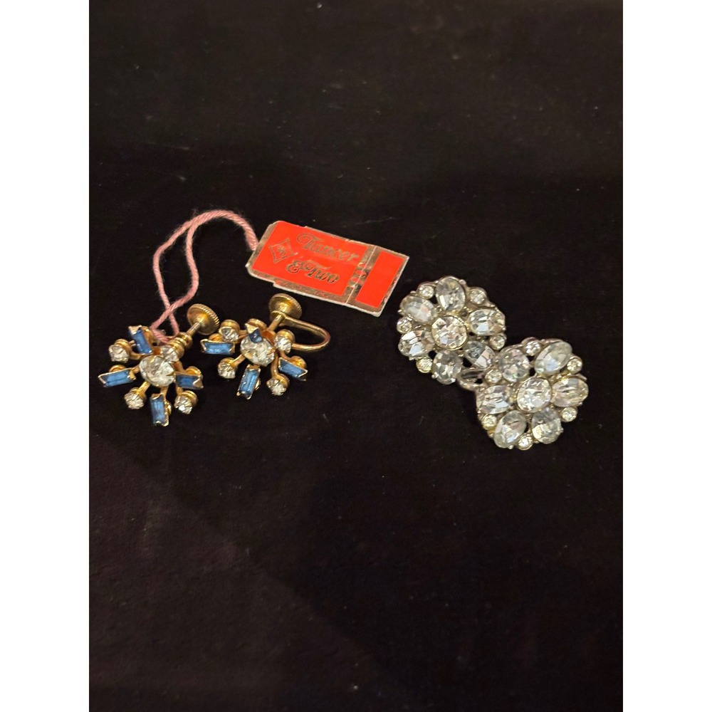 Vintage Tancer & Two Rhinestone Earring Set Blue Gold Tone Clear Silver Tone 2pc